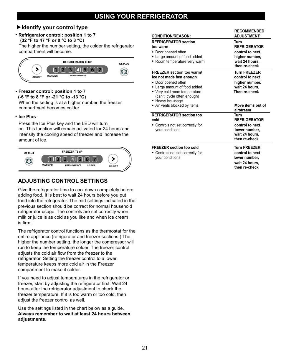 Using your refrigerator, Adjusting control settings, Identify your control type | LG LRBN20512SW User Manual | Page 21 / 38