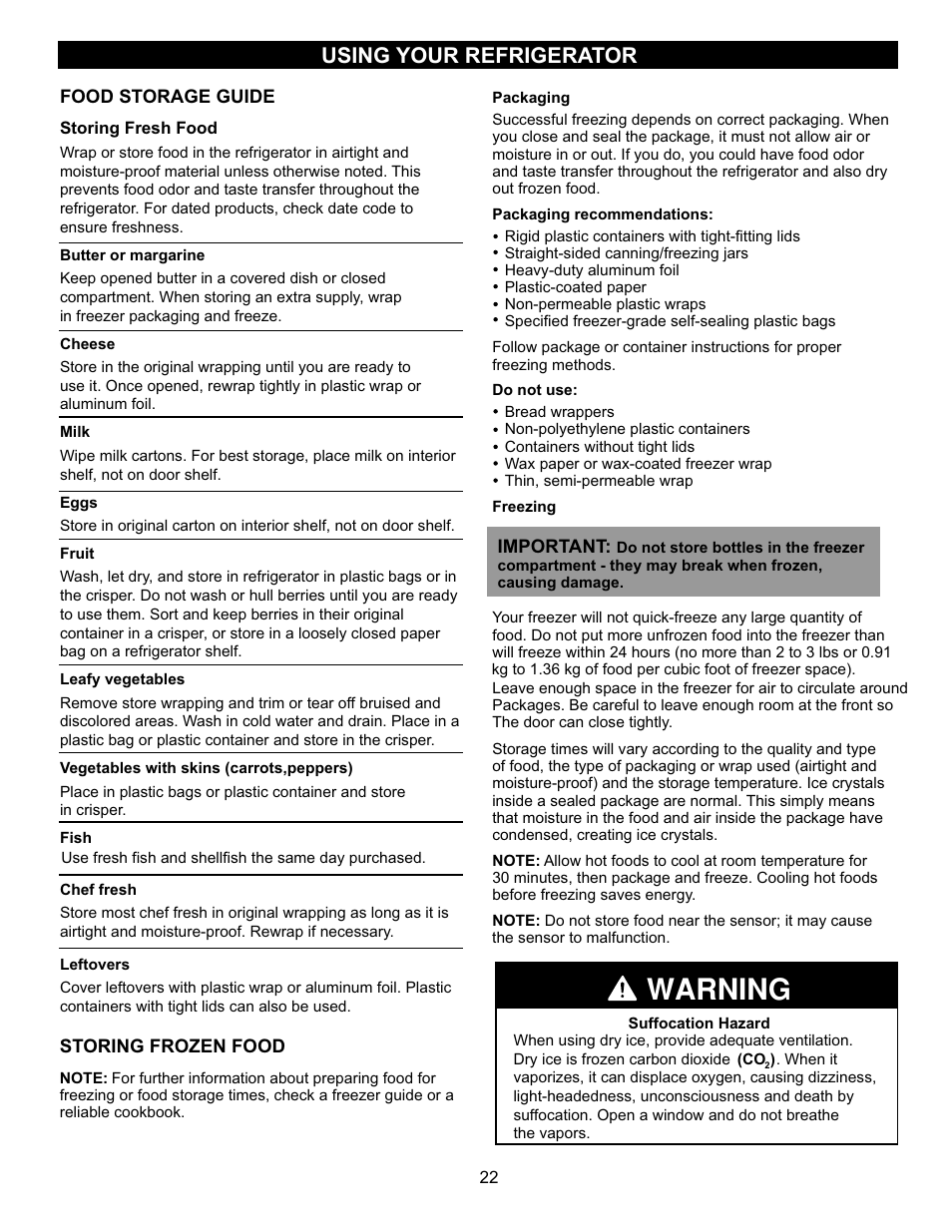 Warning, Using your refrigerator | LG LRBN20512SW User Manual | Page 22 / 38