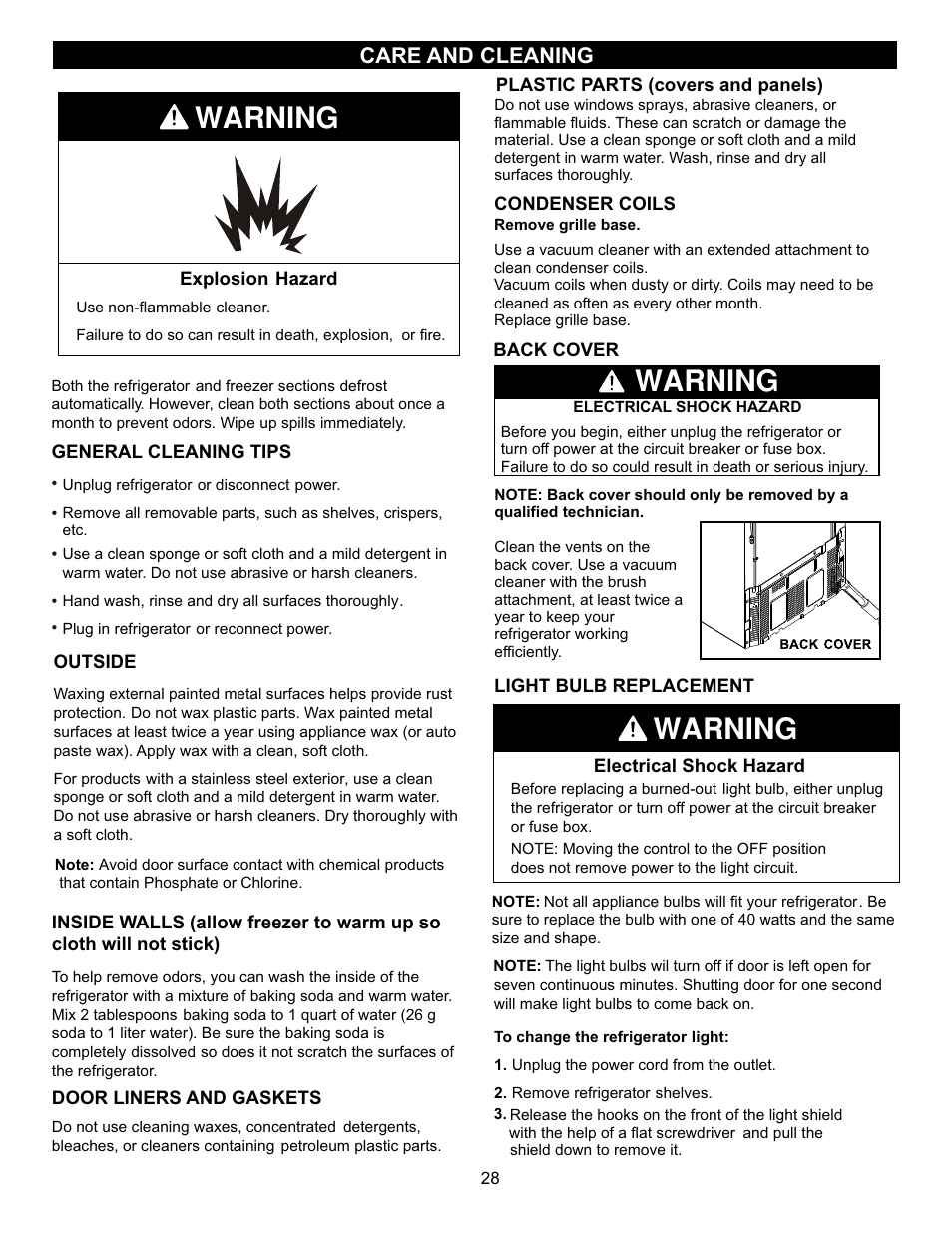 Warning, Care and cleaning | LG LRBN20512SW User Manual | Page 28 / 38