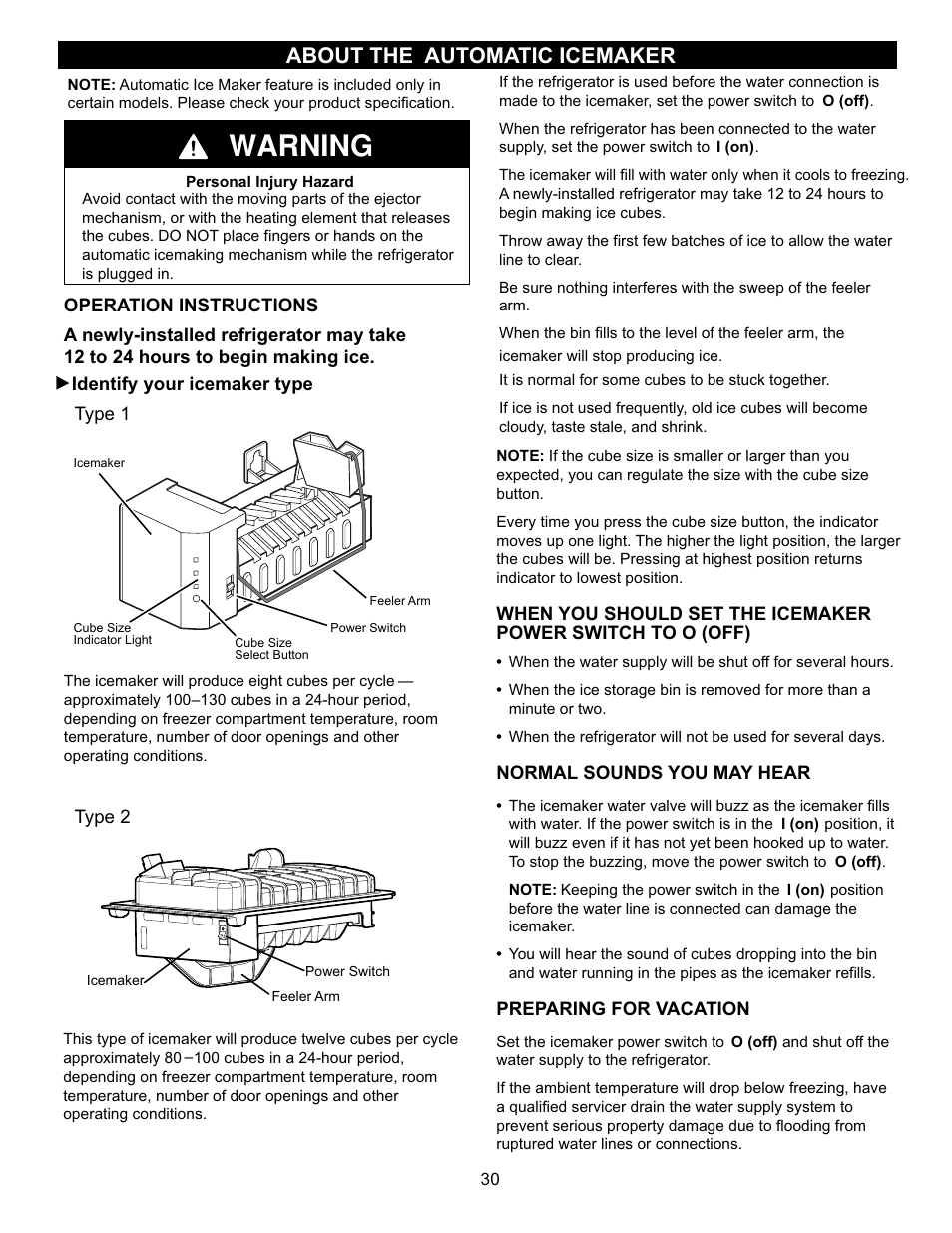 Warning, About the automatic icemaker | LG LRBN20512SW User Manual | Page 30 / 38