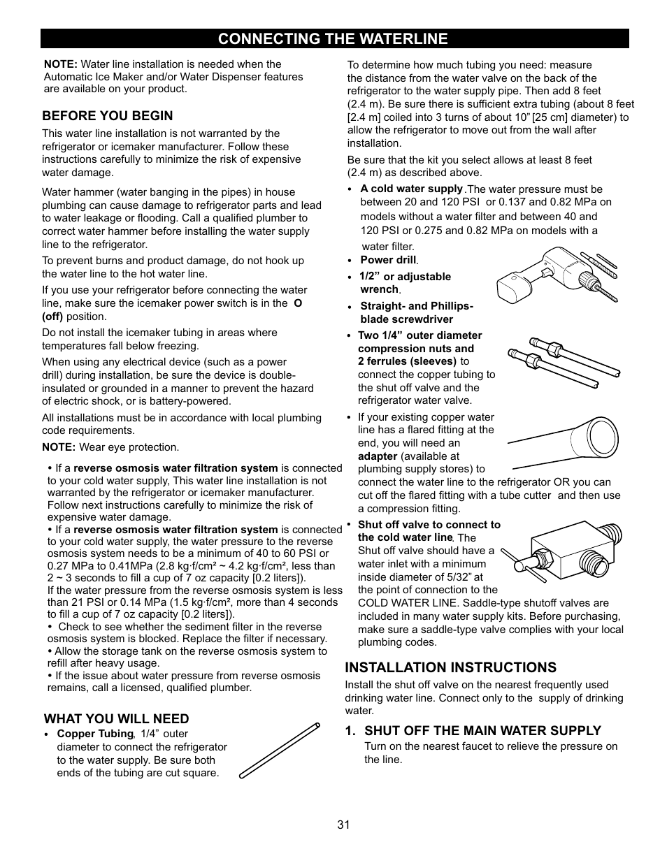 Connecting the waterline, Installation instructions | LG LRBN20512SW User Manual | Page 31 / 38