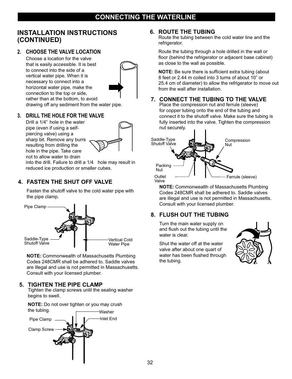 Installation instructions (continued), Connecting the waterline | LG LRBN20512SW User Manual | Page 32 / 38