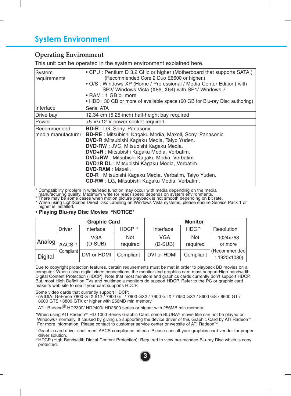 System environment, 3operating environment, Analog digital | LG BH12LS30 User Manual | Page 6 / 15