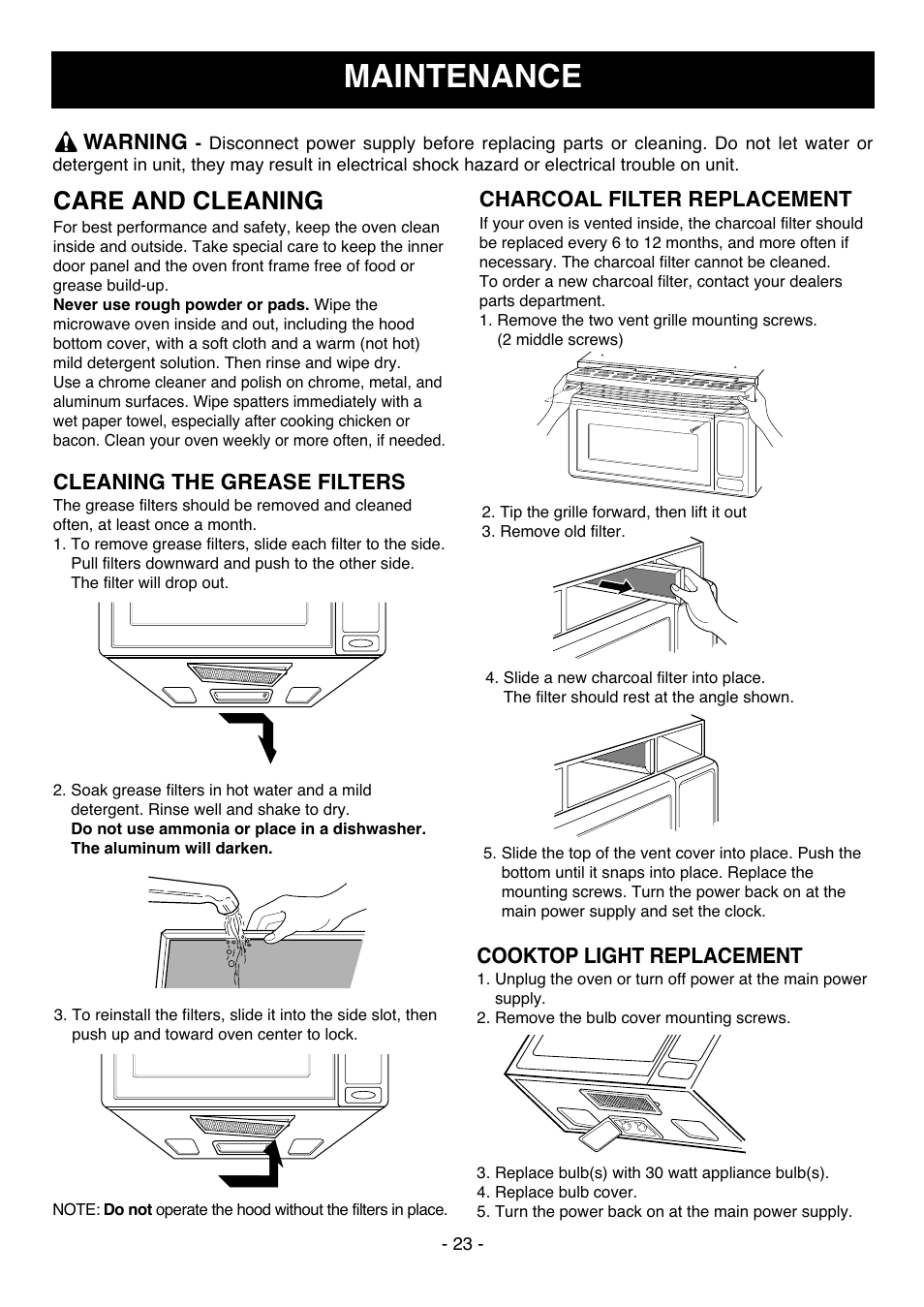 Maintenance, Care and cleaning, Cleaning the grease filters | Warning, Charcoal filter replacement, Cooktop light replacement | LG MV1304W User Manual | Page 23 / 27