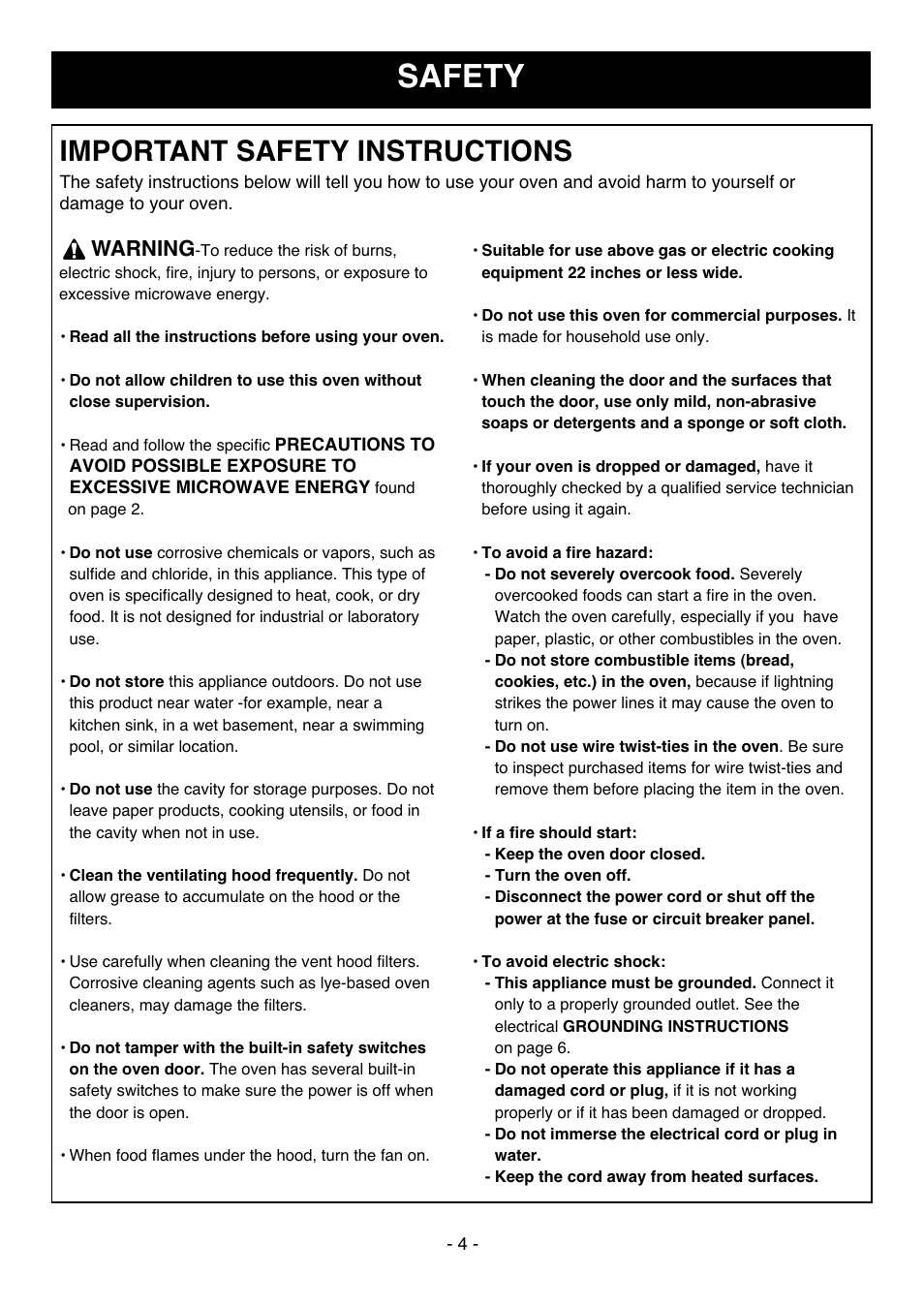 Safety, Important safety instructions, Warning | LG MV1304W User Manual | Page 4 / 27