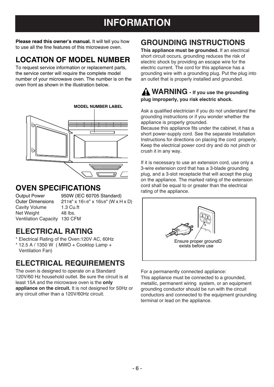 Information, Location of model number, Oven specifications | Electrical rating, Electrical requirements, Grounding instructions, Warning | LG MV1304W User Manual | Page 6 / 27