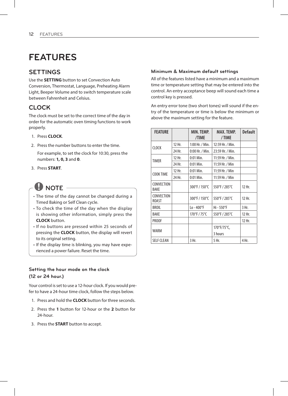 Features, Settings, Clock | LG LRE3025ST User Manual | Page 12 / 88