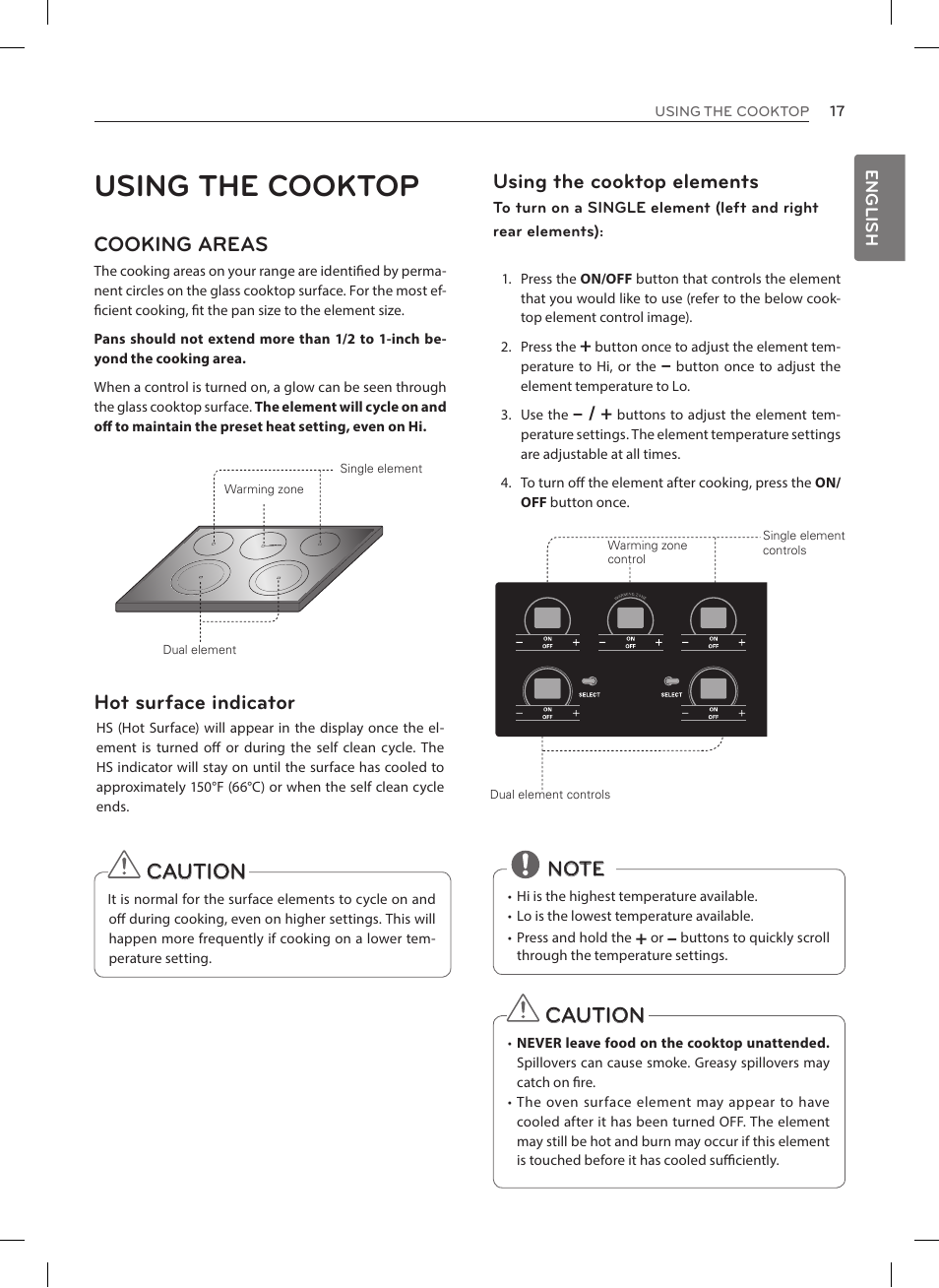 Using the cooktop, Caution, Cooking areas | Hot surface indicator, Using the cooktop elements | LG LRE3025ST User Manual | Page 17 / 88