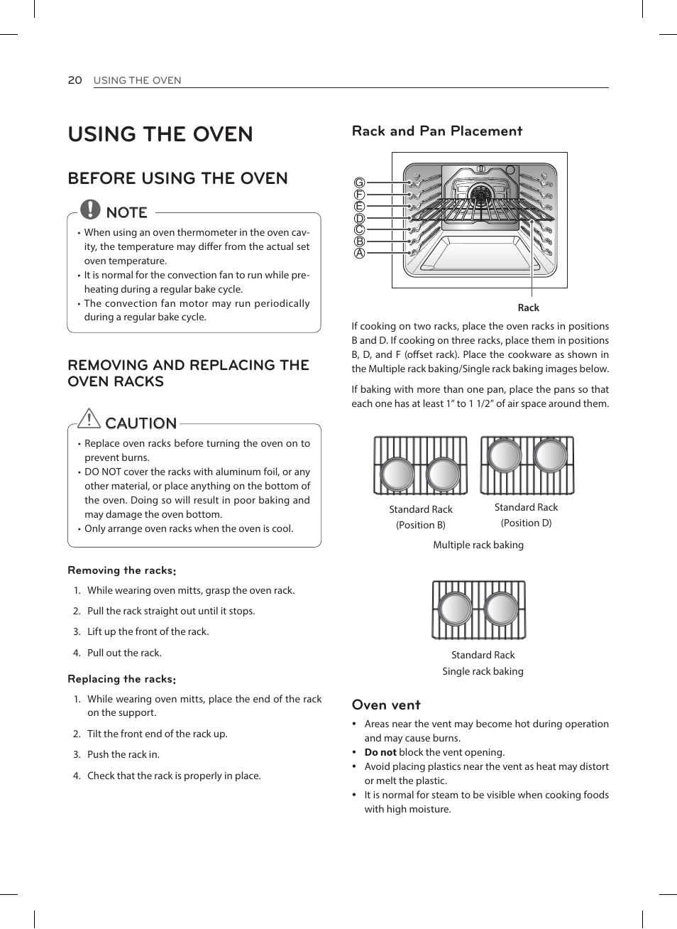 Using the oven, Before using the oven, Caution | Rack and pan placement, Oven vent, Removing and replacing the oven racks | LG LRE3025ST User Manual | Page 20 / 88