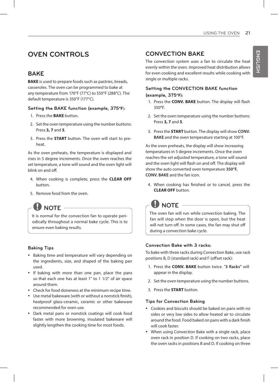 Oven controls, Bake, Convection bake | LG LRE3025ST User Manual | Page 21 / 88