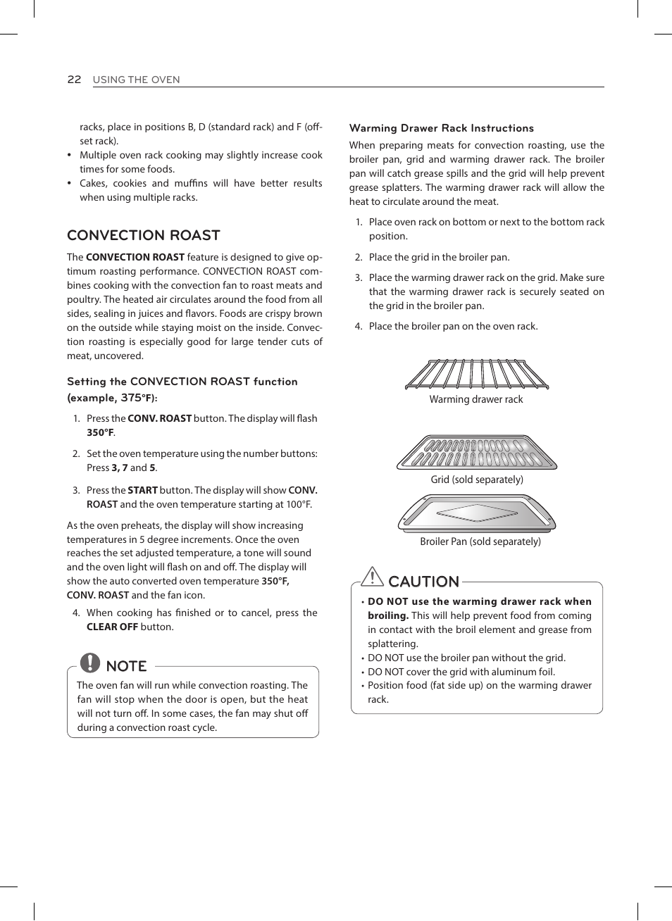 Caution, Convection roast | LG LRE3025ST User Manual | Page 22 / 88