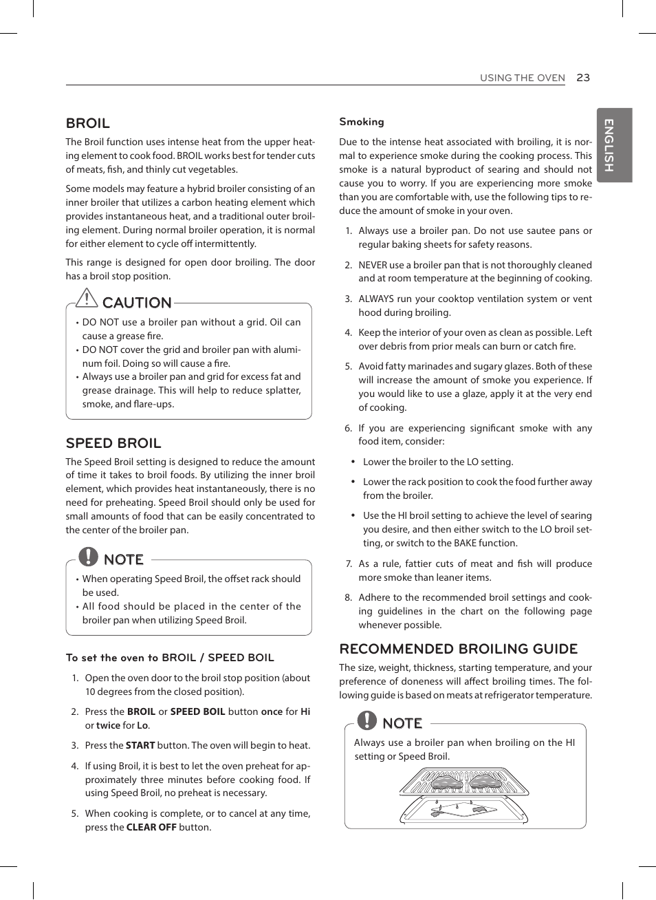 Caution, Broil, Speed broil | Recommended broiling guide | LG LRE3025ST User Manual | Page 23 / 88