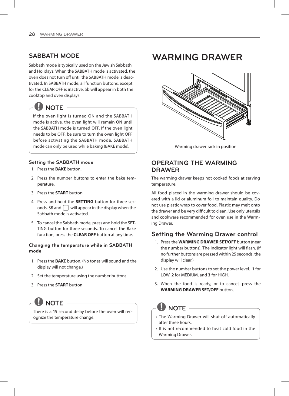 Warming drawer, Sabbath mode, Operating the warming drawer | Setting the warming drawer control | LG LRE3025ST User Manual | Page 28 / 88