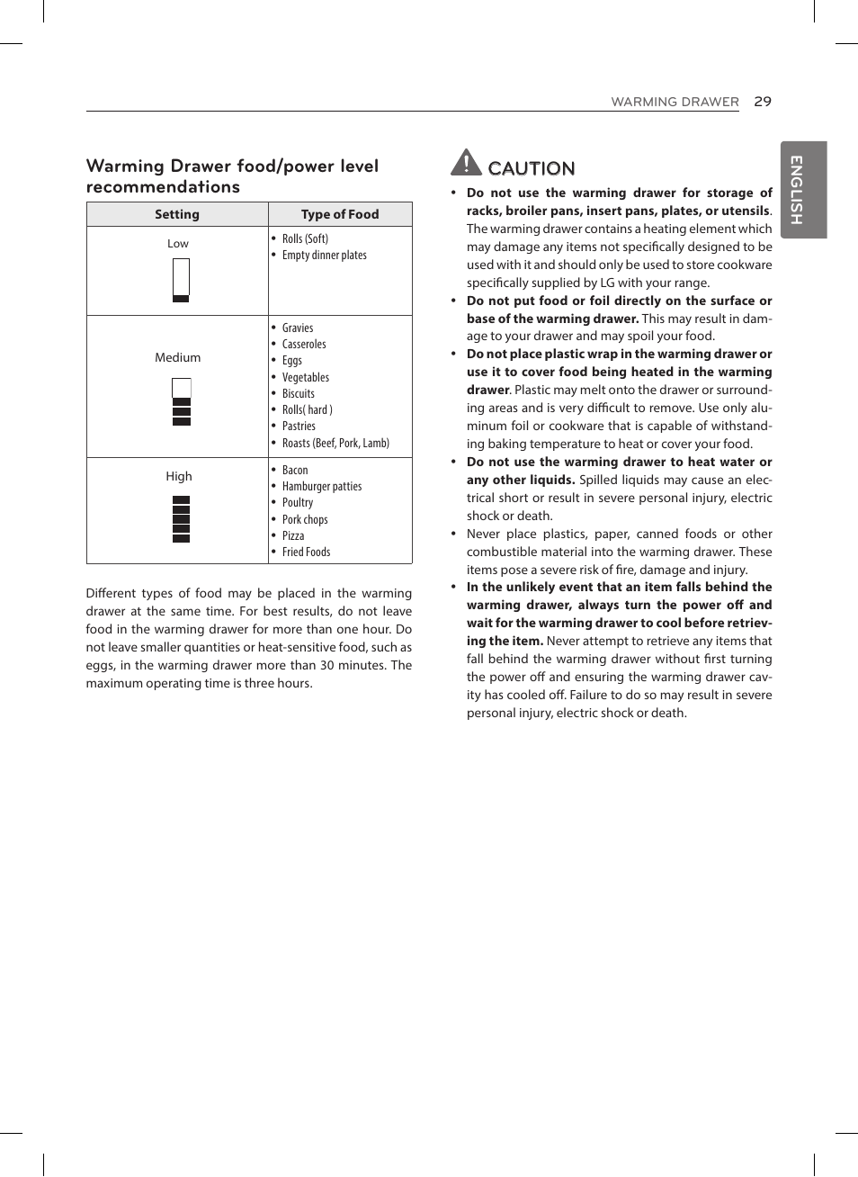 Warming drawer food/power level recommendations, Caution, English | LG LRE3025ST User Manual | Page 29 / 88