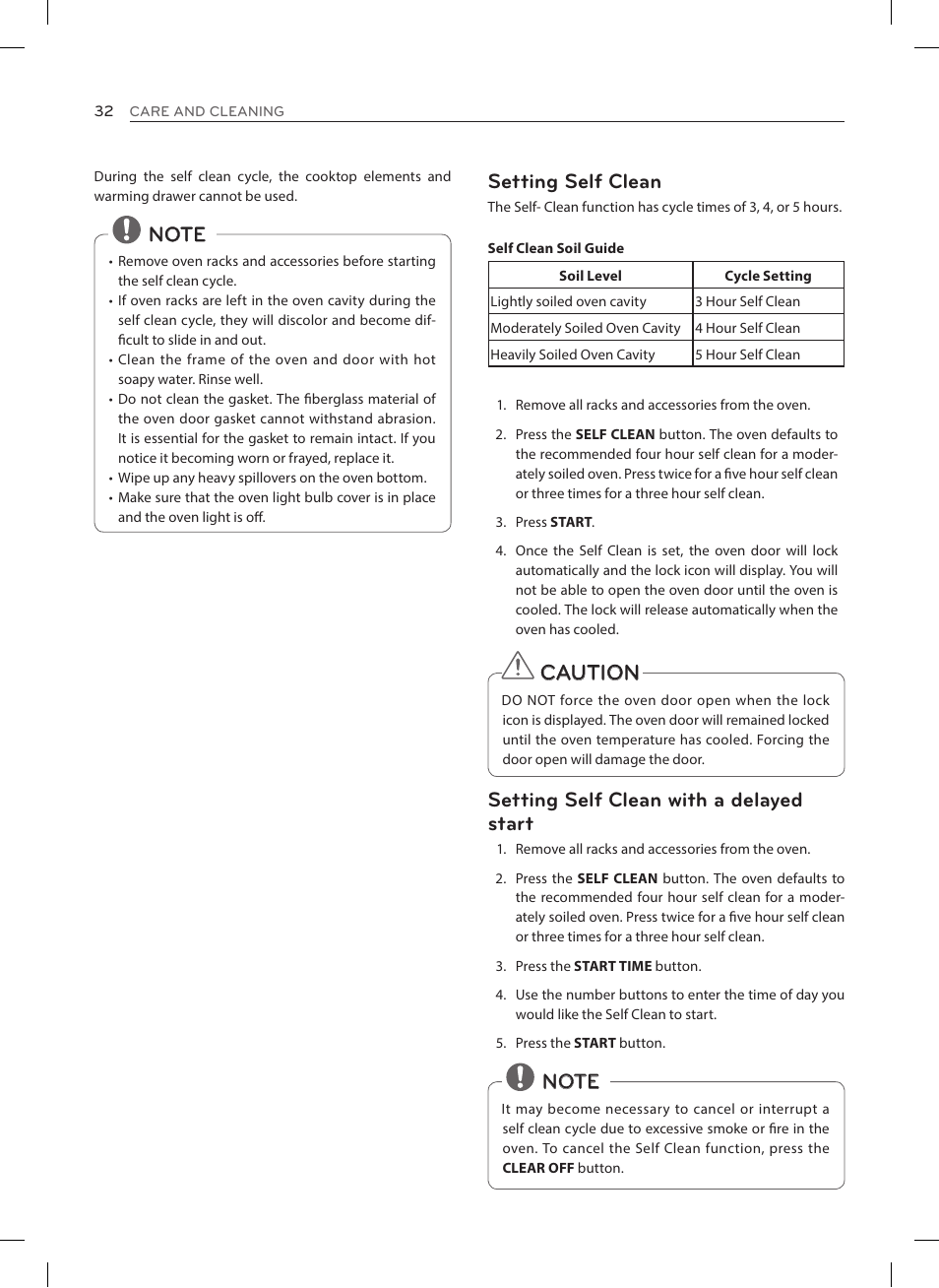 Caution, Setting self clean with a delayed start | LG LRE3025ST User Manual | Page 32 / 88