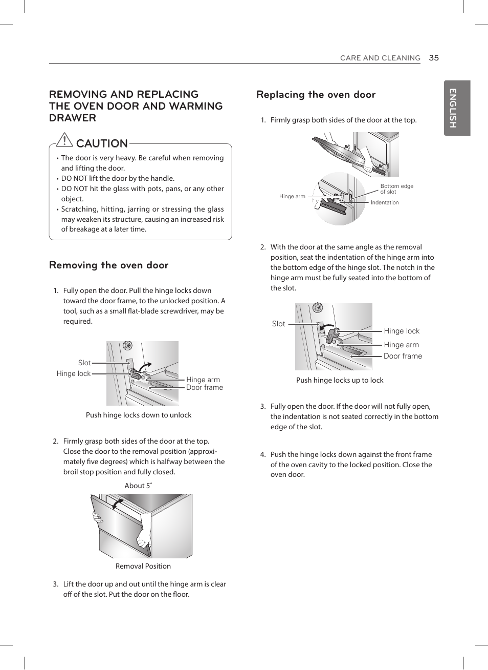 Caution, Replacing the oven door, Removing the oven door | LG LRE3025ST User Manual | Page 35 / 88