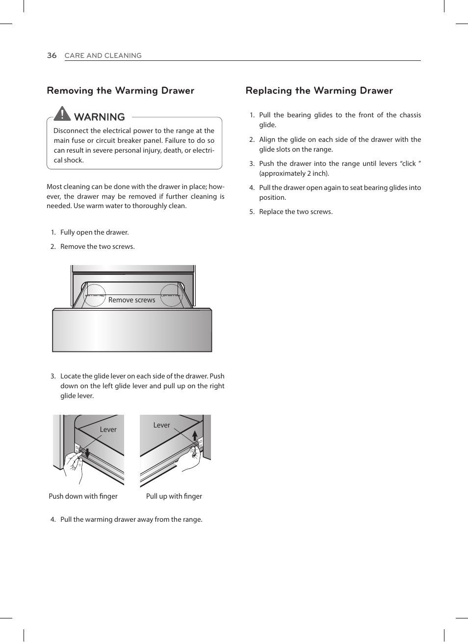 Removing the warming drawer, Warning, Replacing the warming drawer | LG LRE3025ST User Manual | Page 36 / 88