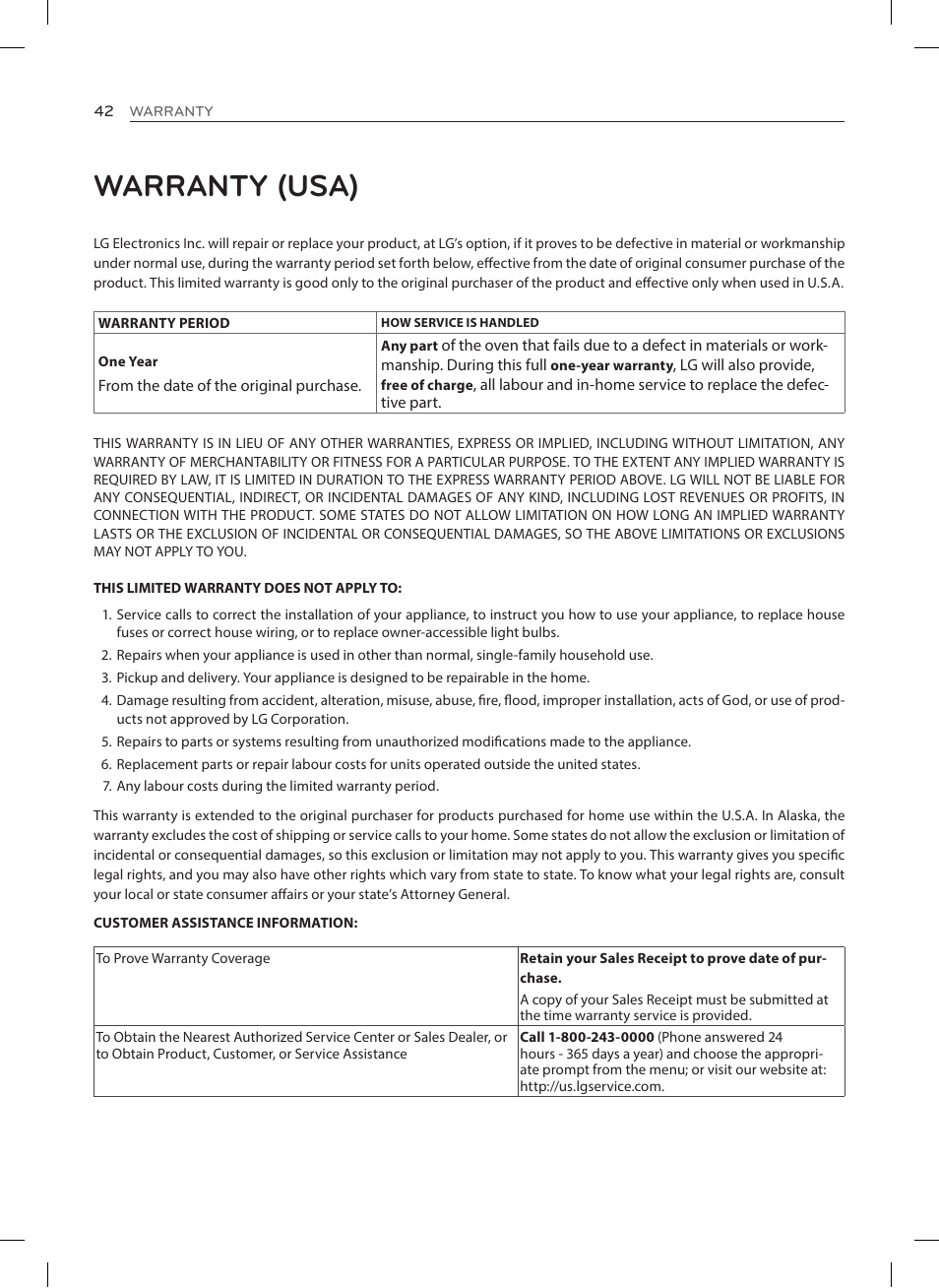 Warranty (usa) | LG LRE3025ST User Manual | Page 42 / 88