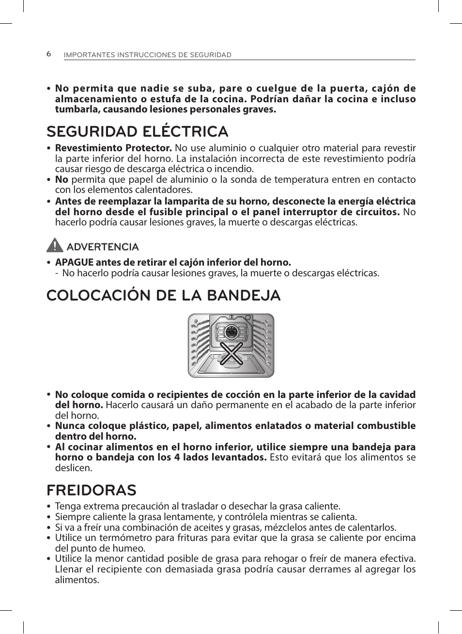 Seguridad eléctrica, Colocación de la bandeja, Freidoras | LG LRE3025ST User Manual | Page 48 / 88