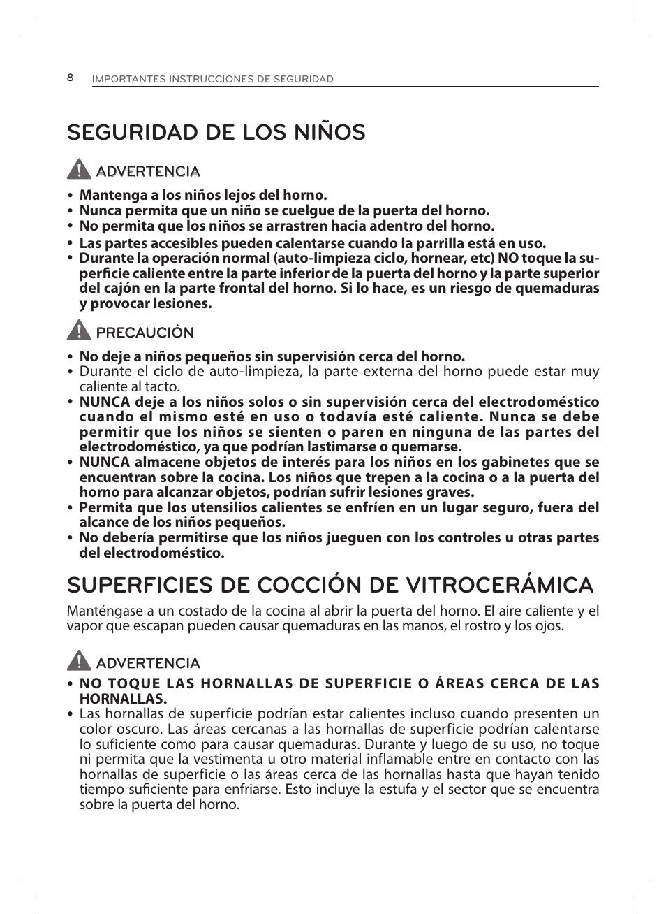 Seguridad de los niños, Superficies de cocción de vitrocerámica | LG LRE3025ST User Manual | Page 50 / 88