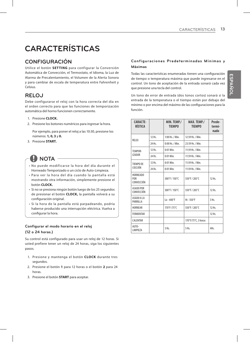 Características, Configuración, Reloj | Nota, Esp añol | LG LRE3025ST User Manual | Page 55 / 88