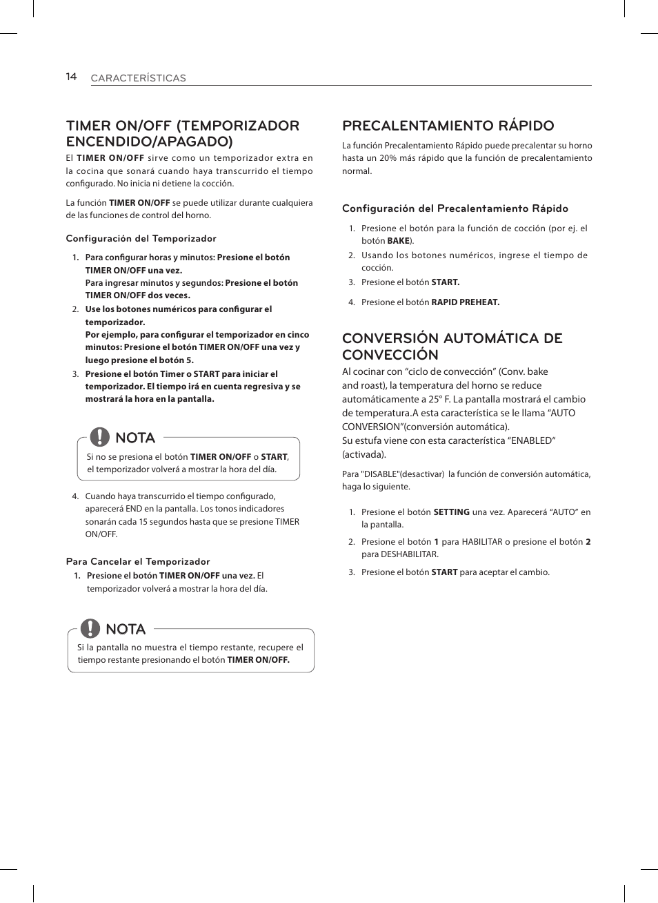 Timer on/off (temporizador encendido/apagado), Nota, Nota precalentamiento rápido | Conversión automática de convección | LG LRE3025ST User Manual | Page 56 / 88