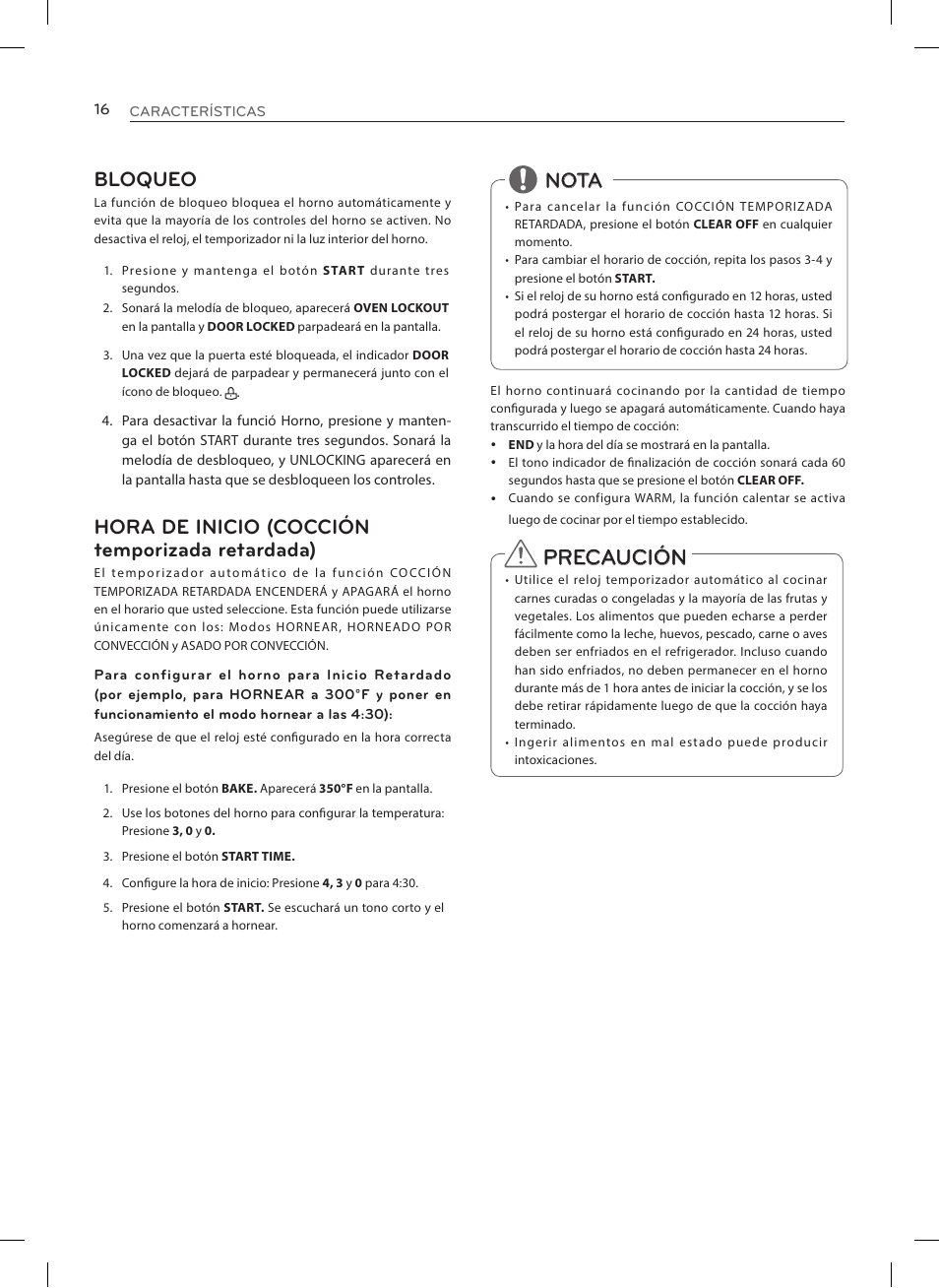 Precaución, Bloqueo, Hora de inicio (cocción temporizada retardada) | Nota | LG LRE3025ST User Manual | Page 58 / 88