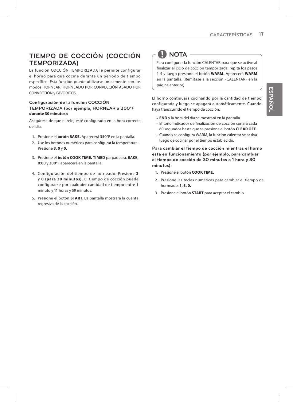 Tiempo de cocción (cocción temporizada), Nota, Esp añol | LG LRE3025ST User Manual | Page 59 / 88