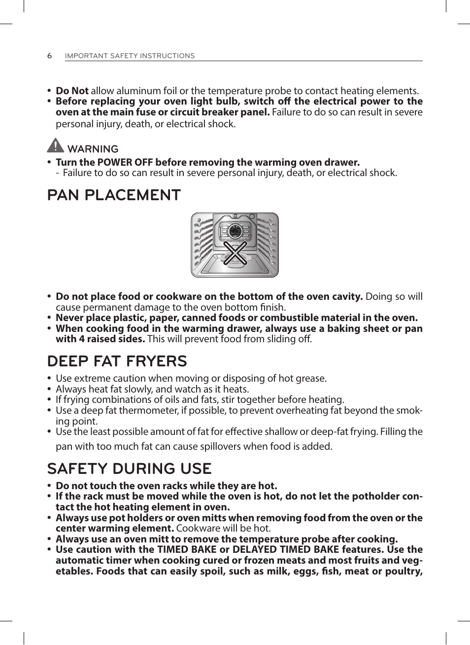 Pan placement, Deep fat fryers, Safety during use | LG LRE3025ST User Manual | Page 6 / 88