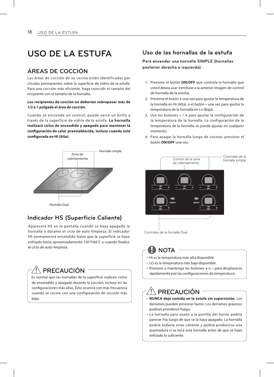 Uso de la estufa, Precaución, Áreas de cocción | Indicador hs (superficie caliente), Uso de las hornallas de la estufa, Nota | LG LRE3025ST User Manual | Page 60 / 88