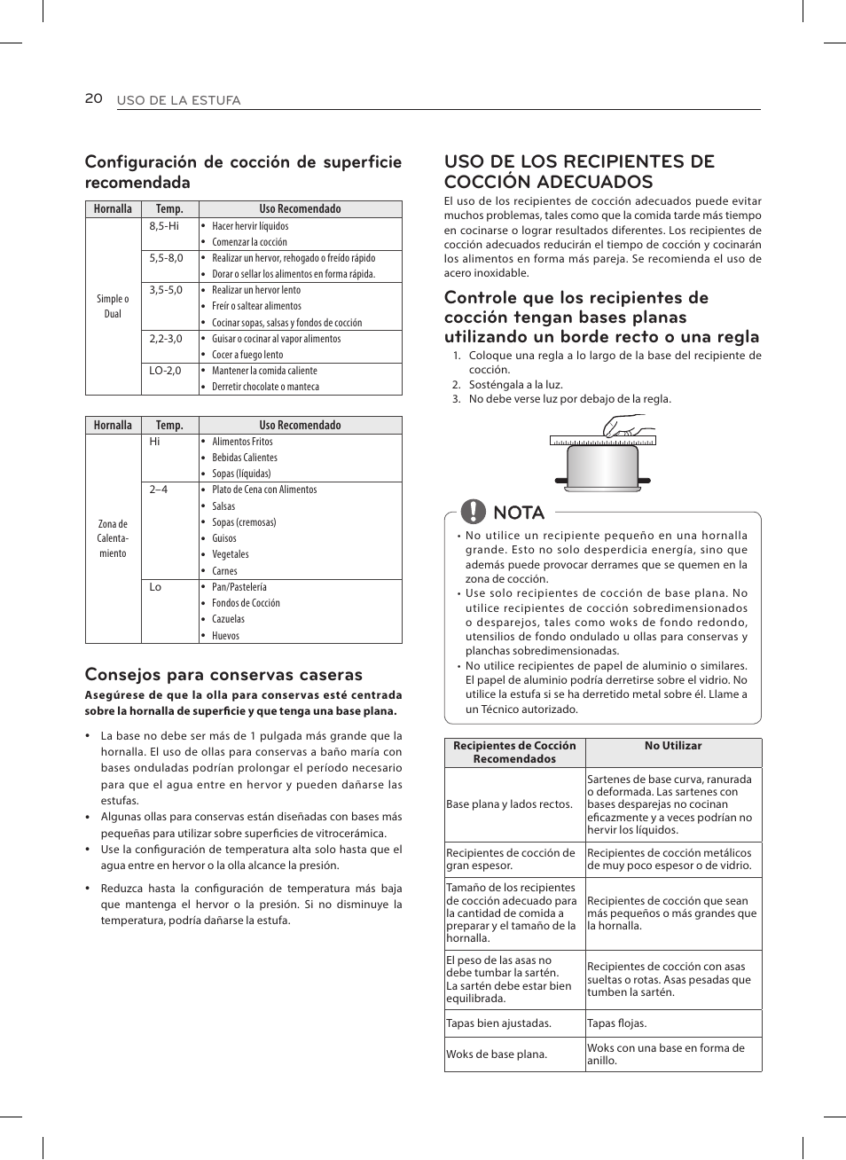 Configuración de cocción de superficie recomendada, Consejos para conservas caseras, Uso de los recipientes de cocción adecuados | Nota | LG LRE3025ST User Manual | Page 62 / 88