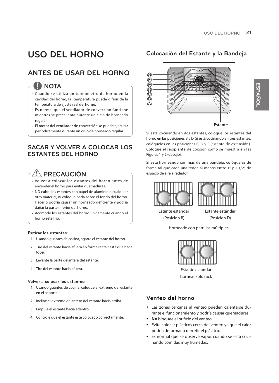 Uso del horno, Antes de usar del horno, Precaución | Colocación del estante y la bandeja, Venteo del horno, Sacar y volver a colocar los estantes del horno, Nota | LG LRE3025ST User Manual | Page 63 / 88