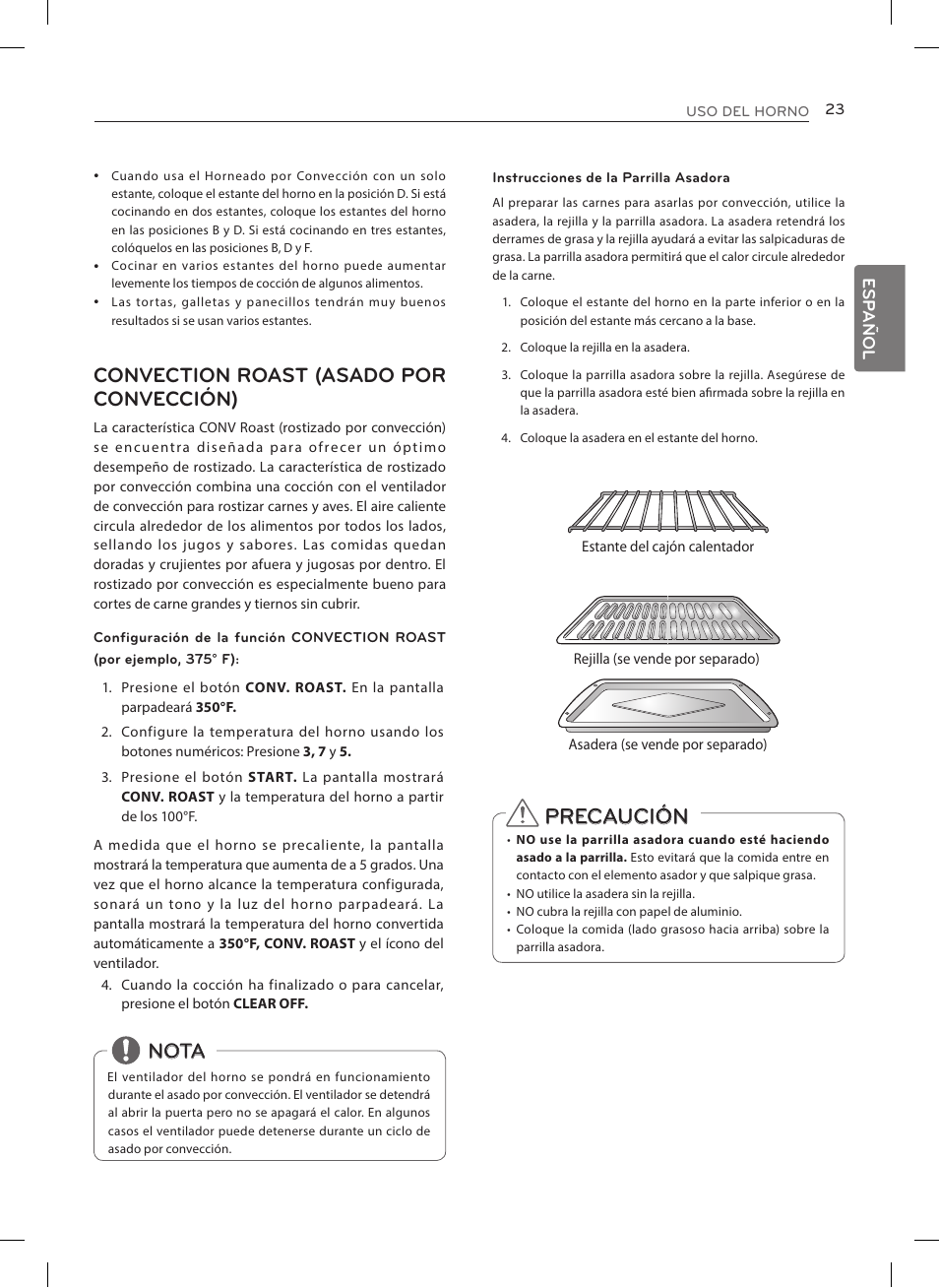 Precaución, Convection roast (asado por convección), Nota | Esp añol | LG LRE3025ST User Manual | Page 65 / 88