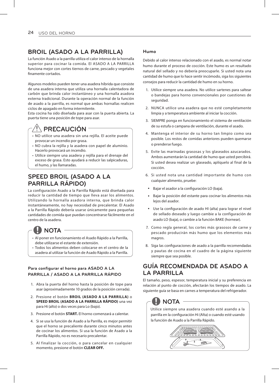 Precaución, Broil (asado a la parrilla), Speed broil (asado a la parrilla rápido) | Nota, Guía recomendada de asado a la parrilla | LG LRE3025ST User Manual | Page 66 / 88