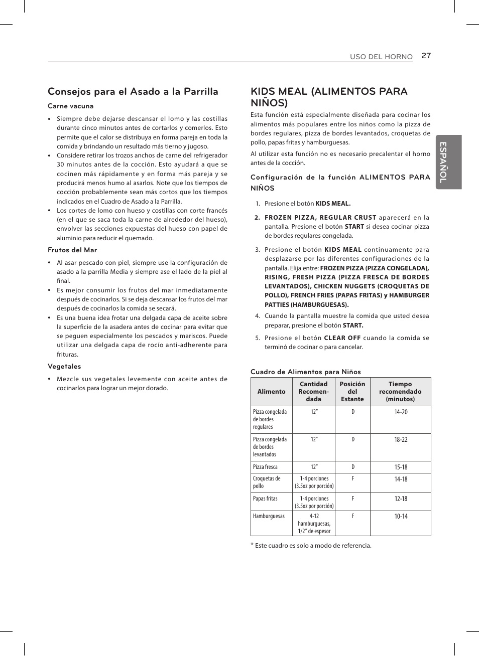 Consejos para el asado a la parrilla, Kids meal (alimentos para niños), Esp añol | LG LRE3025ST User Manual | Page 69 / 88