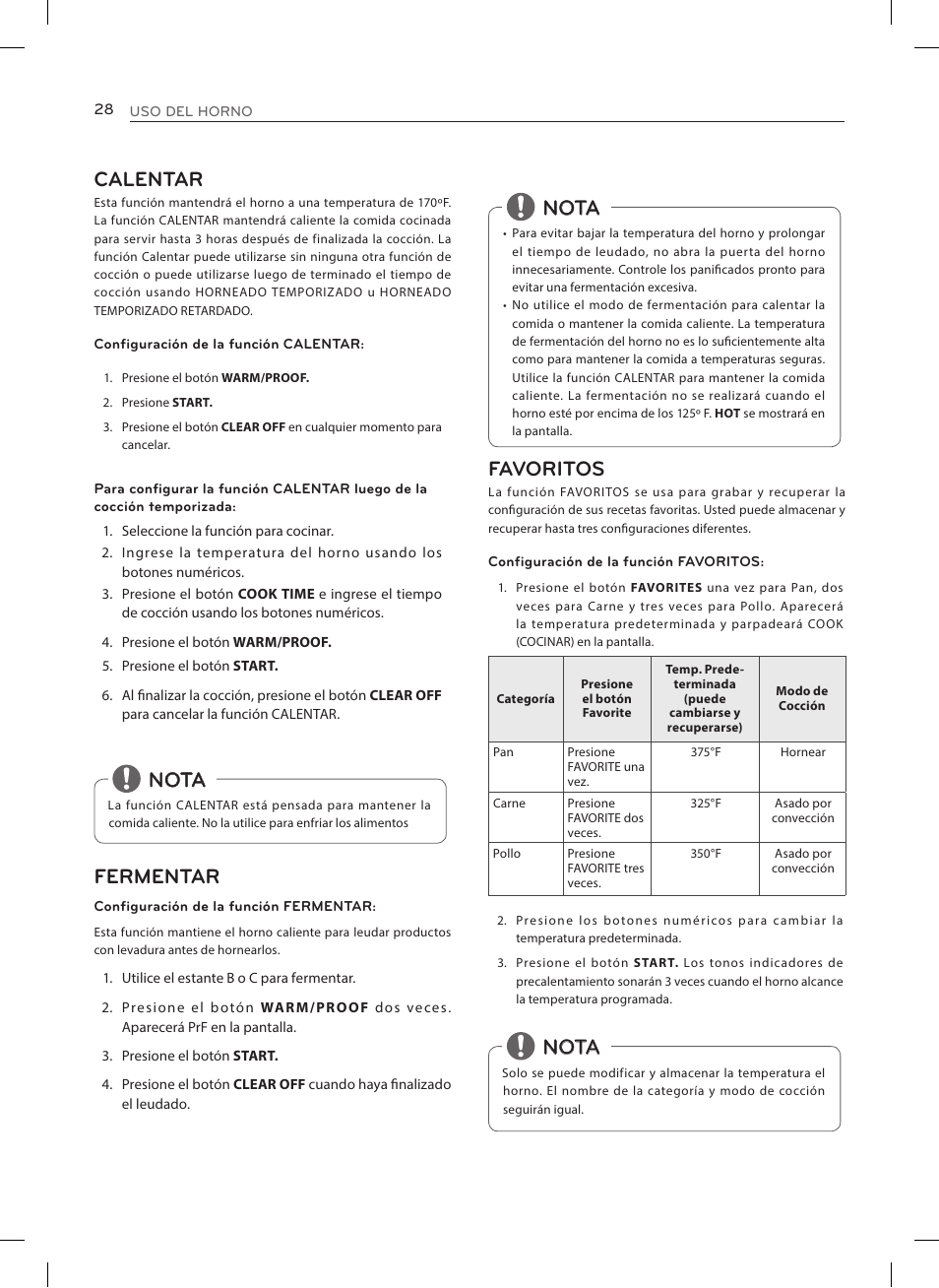 Calentar, Nota fermentar, Nota favoritos | Nota | LG LRE3025ST User Manual | Page 70 / 88