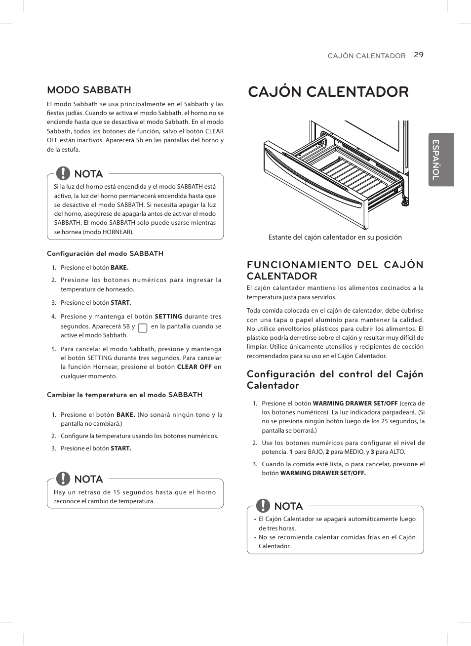 Cajón calentador, Modo sabbath, Nota | Funcionamiento del cajón calentador, Configuración del control del cajón calentador | LG LRE3025ST User Manual | Page 71 / 88