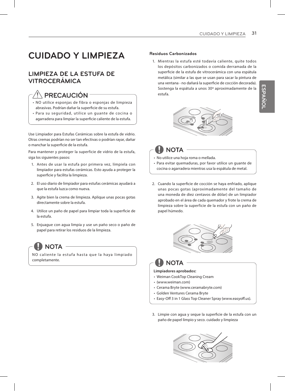 Cuidado y limpieza, Precaución, Limpieza de la estufa de vitrocerámica | Nota | LG LRE3025ST User Manual | Page 73 / 88