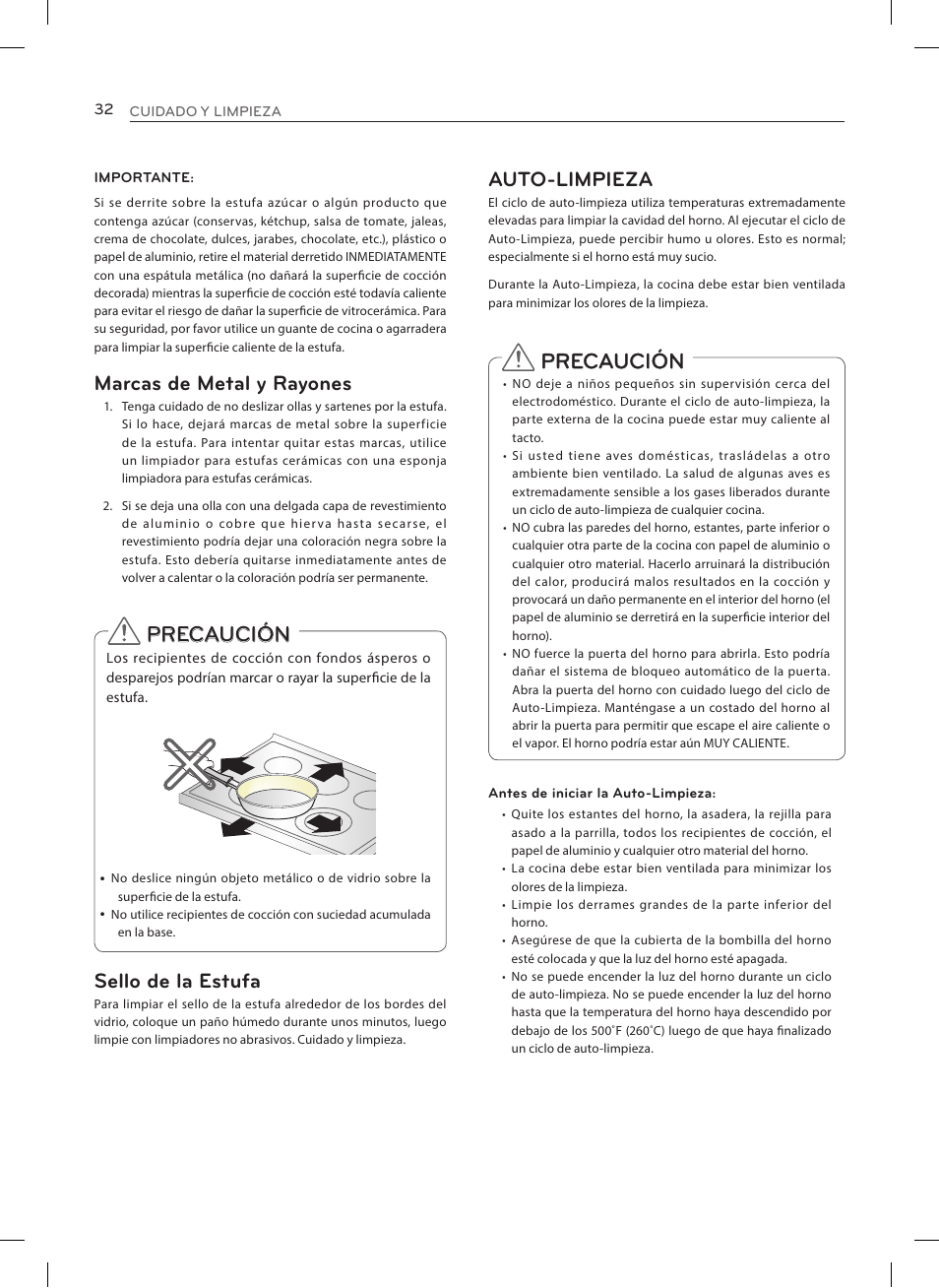 Precaución, Auto-limpieza, Marcas de metal y rayones | Sello de la estufa | LG LRE3025ST User Manual | Page 74 / 88