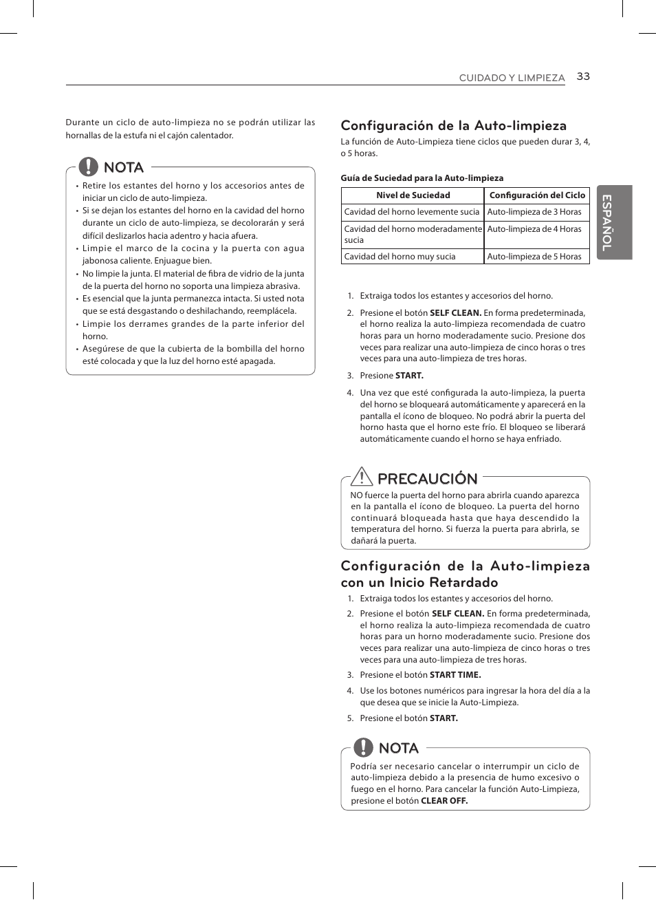 Precaución, Nota configuración de la auto-limpieza, Nota | Esp añol | LG LRE3025ST User Manual | Page 75 / 88