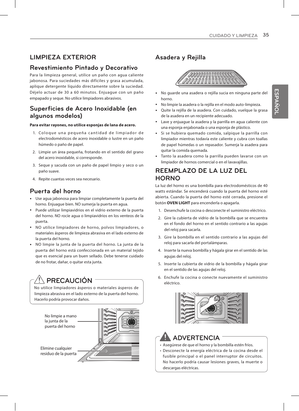 Precaución, Puerta del horno, Asadera y rejilla | Reemplazo de la luz del horno, Advertencia, Esp añol | LG LRE3025ST User Manual | Page 77 / 88
