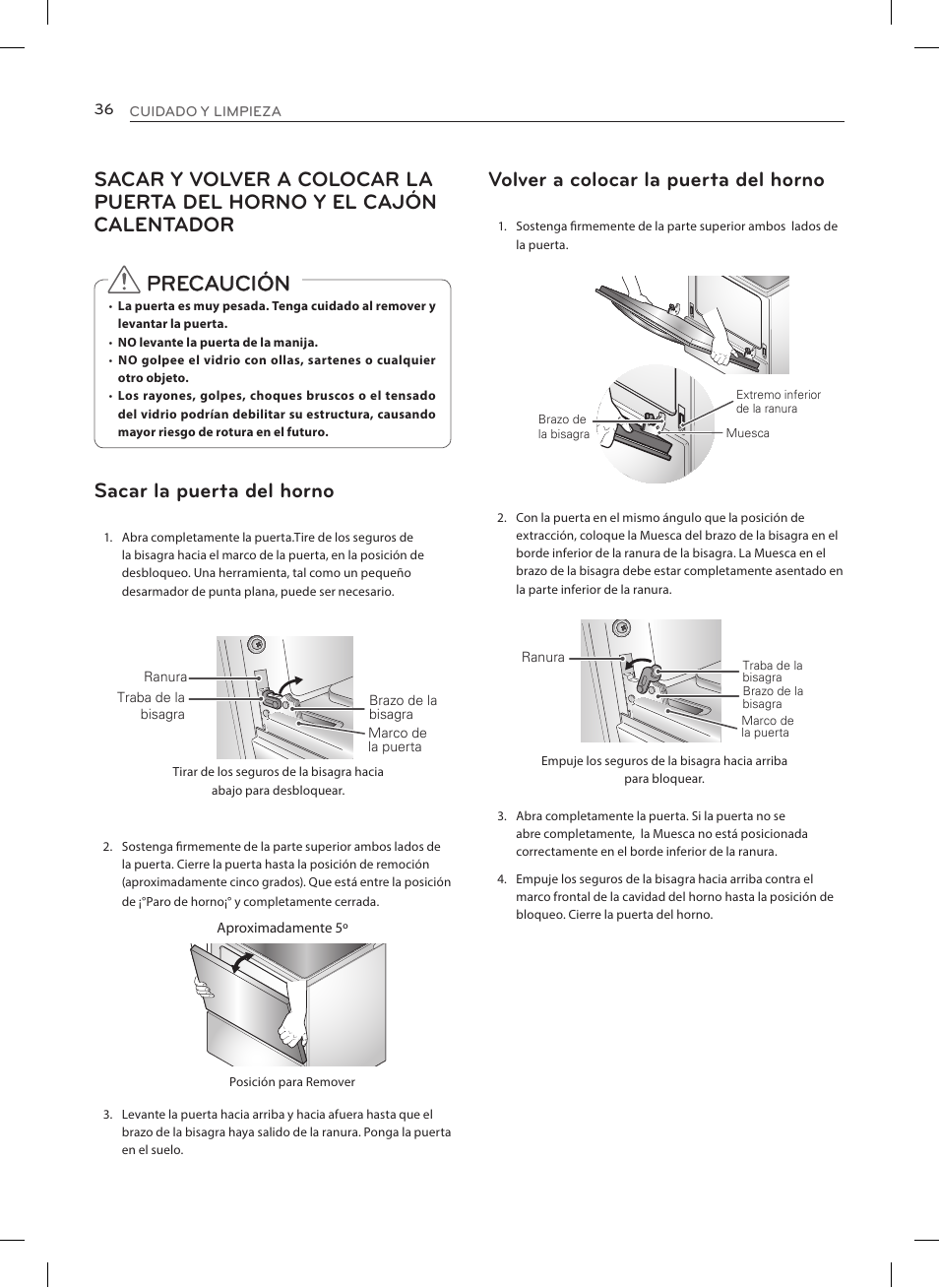 Precaución, Volver a colocar la puerta del horno, Sacar la puerta del horno | LG LRE3025ST User Manual | Page 78 / 88