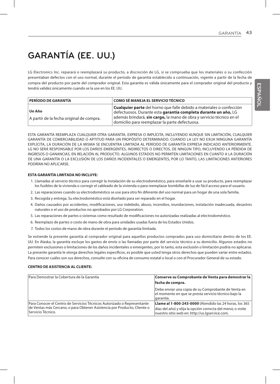 Garantía (ee. uu.), Esp añol | LG LRE3025ST User Manual | Page 85 / 88