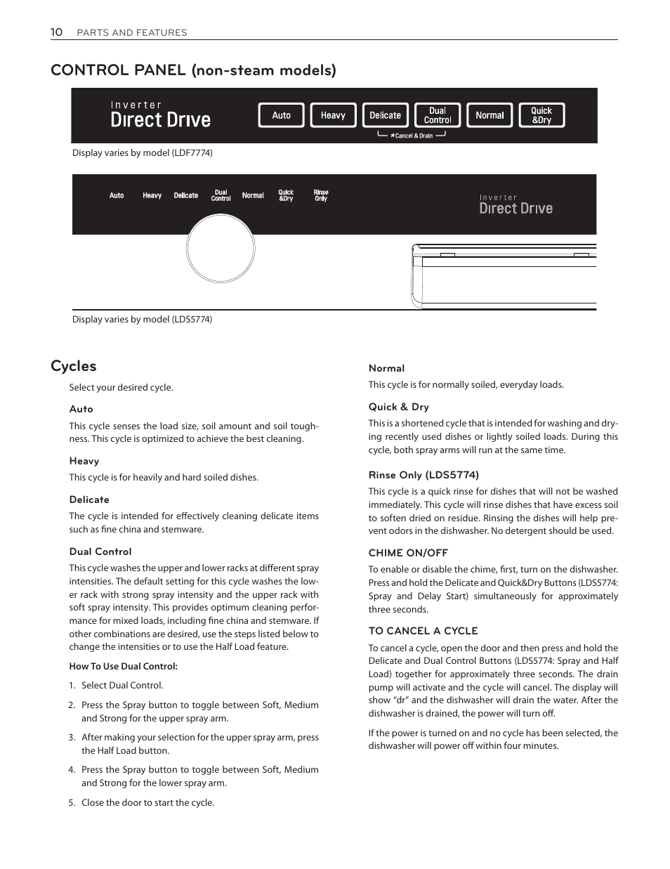 Control panel (non-steam models) cycles | LG LDF8874ST User Manual | Page 10 / 100