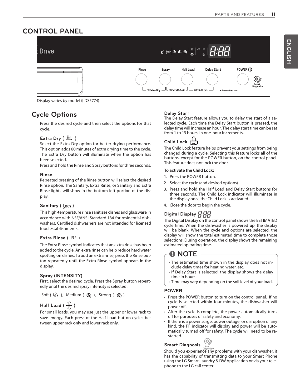 Control panel, Cycle options, Tiz][<w]kp8t][-6/ีුጎჭᅎ8ti\mၦხ࿨ཅ૬໏ᅰ | LG LDF8874ST User Manual | Page 11 / 100