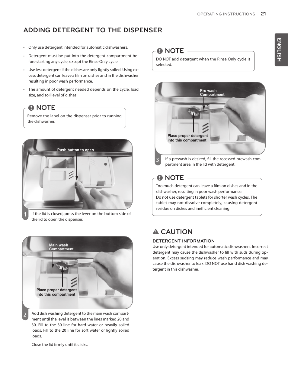 Adding detergent to the dispenser, Caution | LG LDF8874ST User Manual | Page 21 / 100