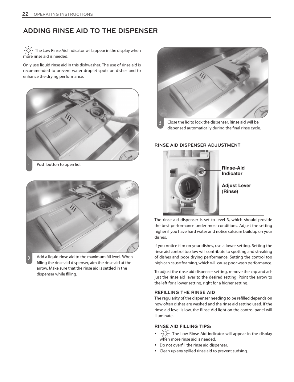 Adding rinse aid to the dispenser | LG LDF8874ST User Manual | Page 22 / 100