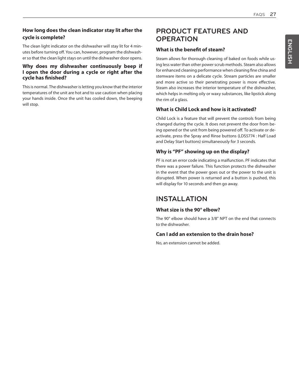 Product features and operation, Installation | LG LDF8874ST User Manual | Page 27 / 100