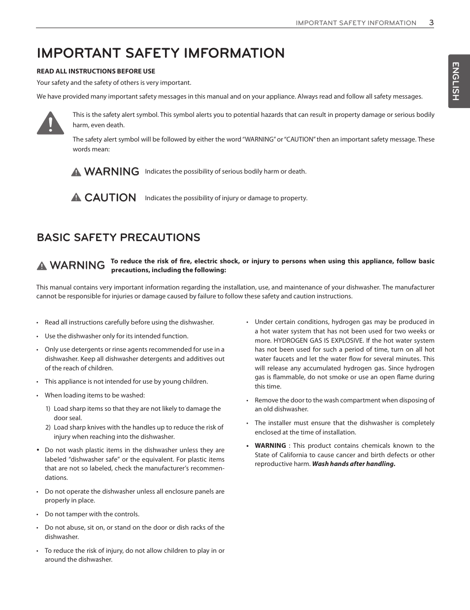 Important safety imformation, Warning, Caution | Basic safety precautions | LG LDF8874ST User Manual | Page 3 / 100