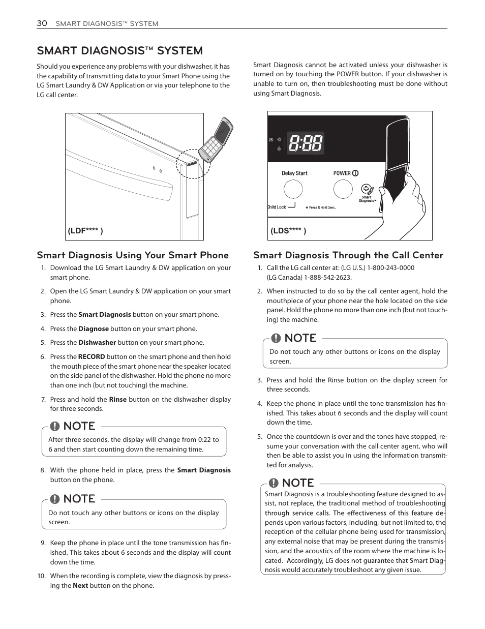 Smart diagnosis™ system, Smart diagnosis through the call center, Smart diagnosis using your smart phone | LG LDF8874ST User Manual | Page 30 / 100